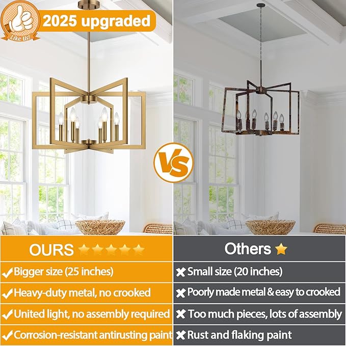 25" Modern Brass Chandelier for Dining Room (6-Light, 25-Inch), Geometric Brass Dining Room Light Fixture Over Table, Industrial Metal Hanging Pendant Lights for Kitchen Island, Entryway, Foyer