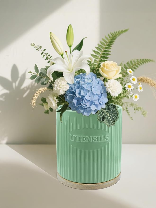 360° Rotating Utensil Holder, 7.6" Large Ceramic Kitchen Utensil Holder for Countertop with Bamboo Base, Stable Utensil Organizer, Farmhouse kitchen Decor, Green