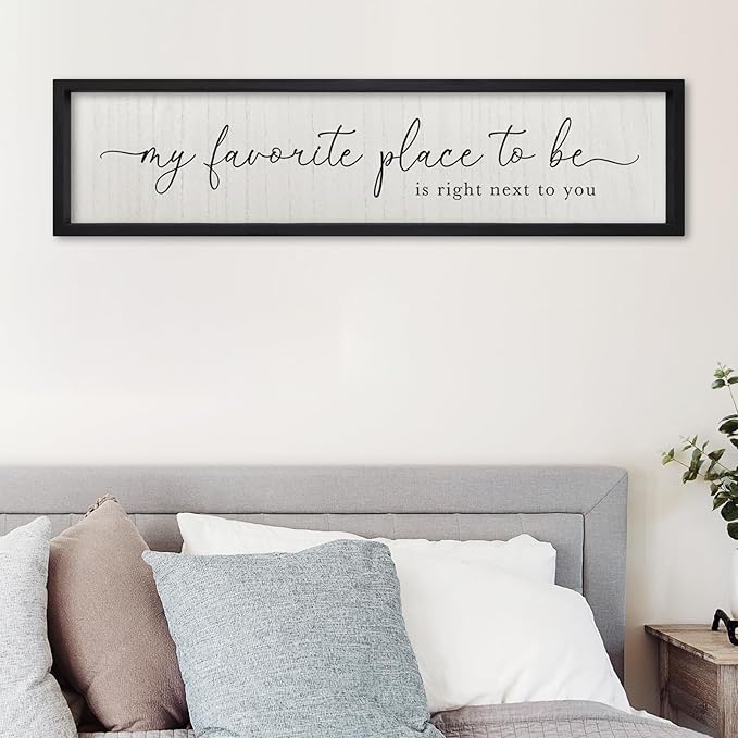 Love Quotes Wall Decor My Favorite Place To Be Sign 32"×8" Couples Love Theme Plaque Modren Farmhouse Master Bedroom Above Over Bed Wood Framed Wall Art (Black)