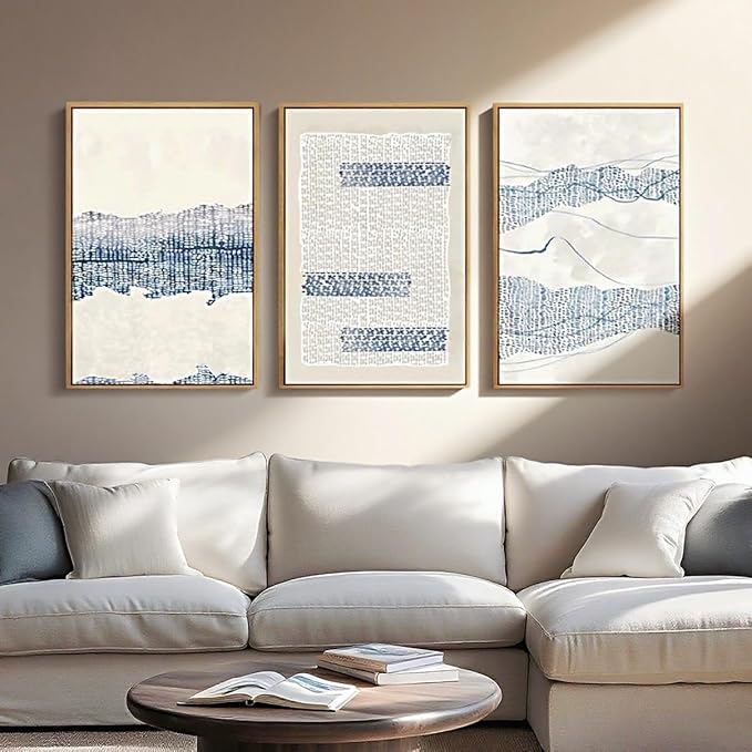 IARTTOP Large Blue Abstract Framed Canvas Wall Art 16x24 Inch Neutral Modern Art Prints Minimalist boho Artworks for Living Room Bedroom Office Set of 3