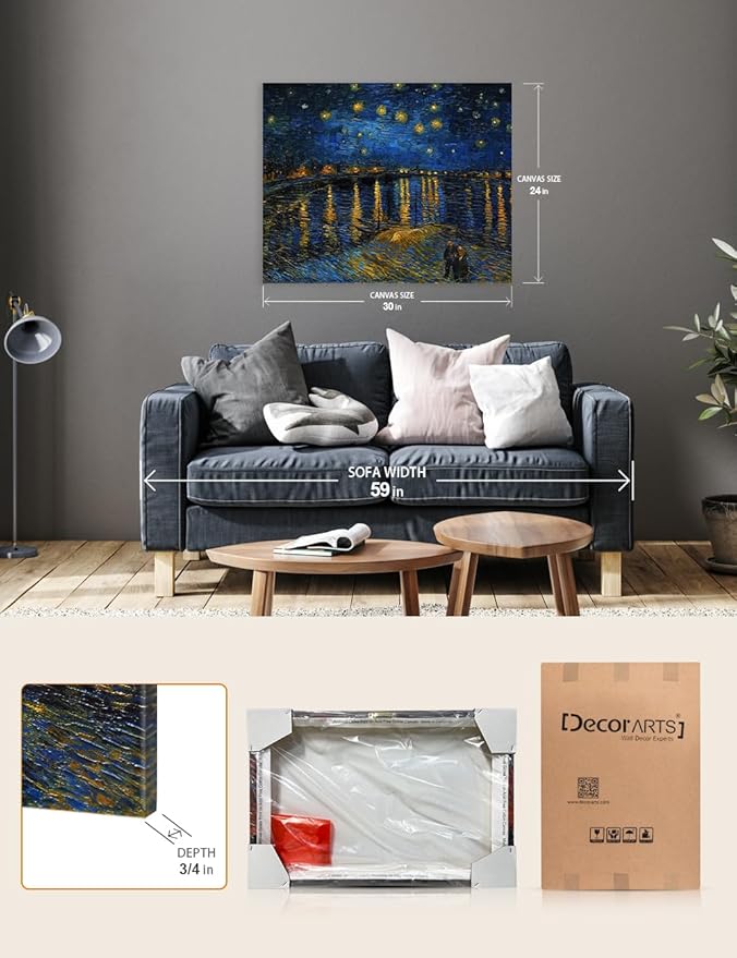 DECORARTS - Starry Night Over The Rhone, Vincent Van Gogh Art Reproduction. Giclee Canvas Prints Wall Art for Home Decor 30x24