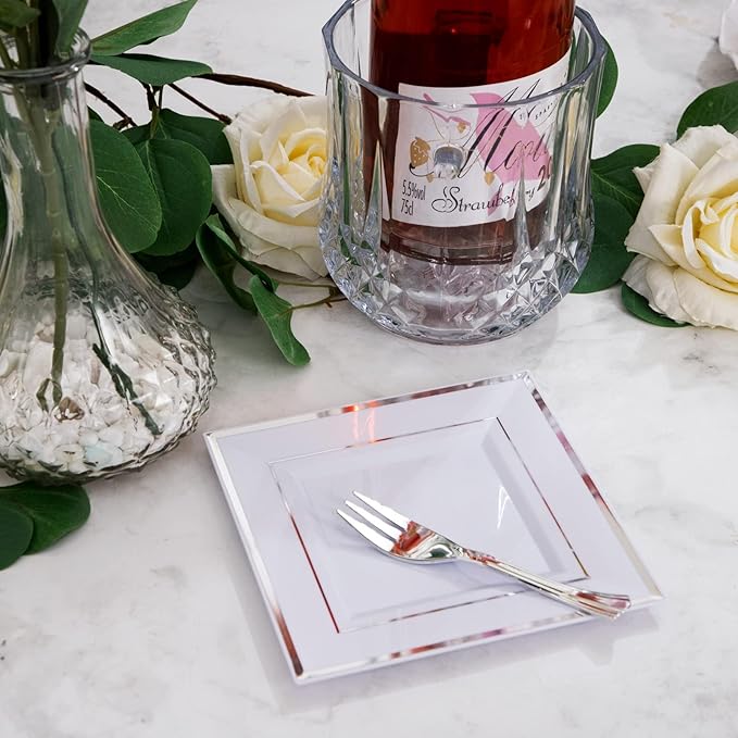 WDF Silver Plastic Dessert Plates with Plastic Forks - 6” 100 Square Disposable Appetizer Plates Small Plates Cake Plates with Silver Rim &100 Small Appetizer Forks for Party/Wedding.