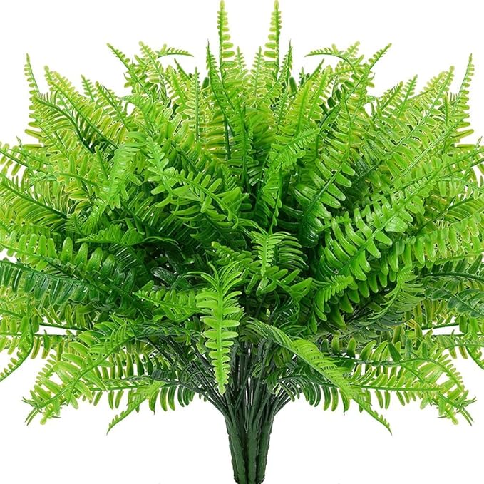 4pcs Outdoor Artificial Plants Fake Boston Fern Plant Artificial Ferns for Outdoor UV Resistant Plastic Plants (4, Green)