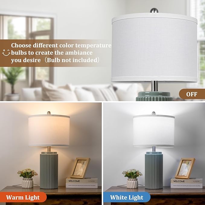 TOBUSA 23.5’’ Modern Green Ceramic Table Lamps Set of 2 for Living Room, Farmhouse Ceramic Bedside Nightstand Lamps for Bedroom, Vintage Decorative Boho Lamps for Home End Table Dorm Office