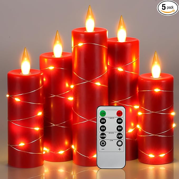 Da by Red Flameless Candles with String Lights, Battery Operated Candles with Remote Control and Timer,Flickering LED Pillar Candles for Home Décor,Real Wax,5 Pack -Red