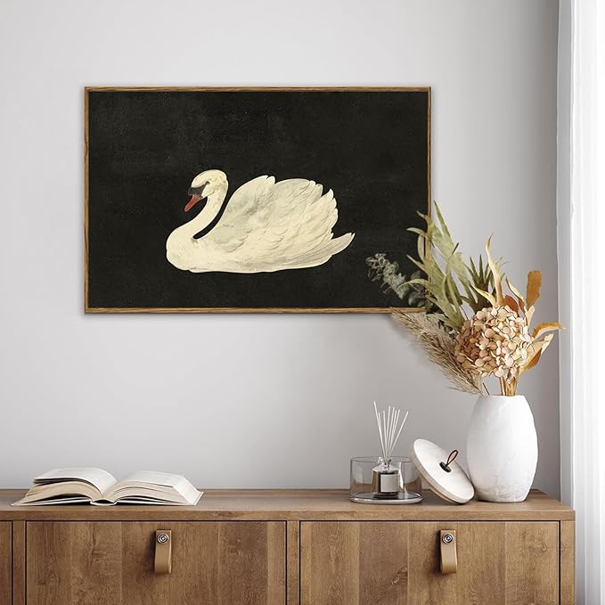 KBKBART Framed Canvas Wall Art for Living Room Bedroom Decor, Vintage Antique Swan Watercolor Canvas Painting, Rustic Bathroom Decor, Classical Swan Vintage Wall Art (16"x24")