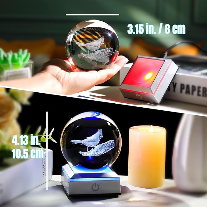 Cardinal Gifts for Women, Mom - 3D Crystal Ball 3.15in with Multicolor Led Light Base - Gifts for Daughter, Sister - Christmas Cardinal Statue Night Light Table Home Decor