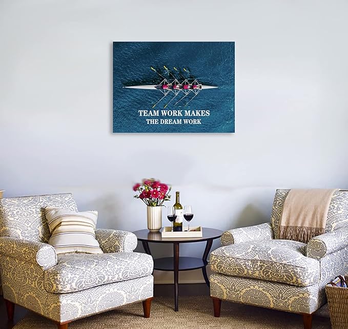 Teamwork Canvas Wall Art Motivational Poster Blue Ocean Rowing Team Picture Positive Success Entrepreneur Quote Office Classroom Bedroom Frame Artwork Ready to Hang[30″W X 40′'H]