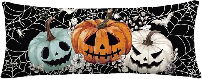 Baccessor Halloween Pillow Cover 14x36 Inch, Black Pumpkins Bats Spider Web Long Pillow Case Halloween Decor for Cushion Sofa Couch Indoor Outdoor Decoration 1 Piece