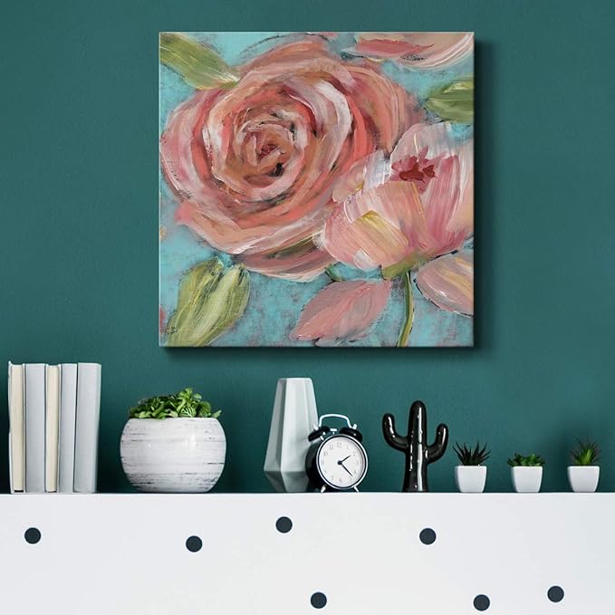 Wexford Home Square Premium Gallery Wrapped Canvas Flower Multicolor Wall Art Abstract Floral Romance Modern Pictures Print for Home Office, Ready to Hang, Blushing Coral Beauties, 16x16