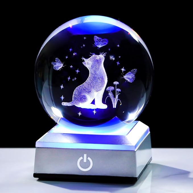 Ornalrist Cat Gifts for Women, Mom - 3D Crystal Ball 3.15'' Engraved Cat Butterfly and Carnation with LED Light Base - Cat Lovers Figurine Collection for Home Decor