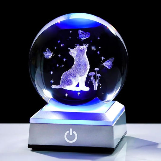 Ornalrist Cat Gifts for Women, Mom - 3D Crystal Ball 3.15'' Engraved Cat Butterfly and Carnation with LED Light Base - Cat Lovers Figurine Collection for Home Decor