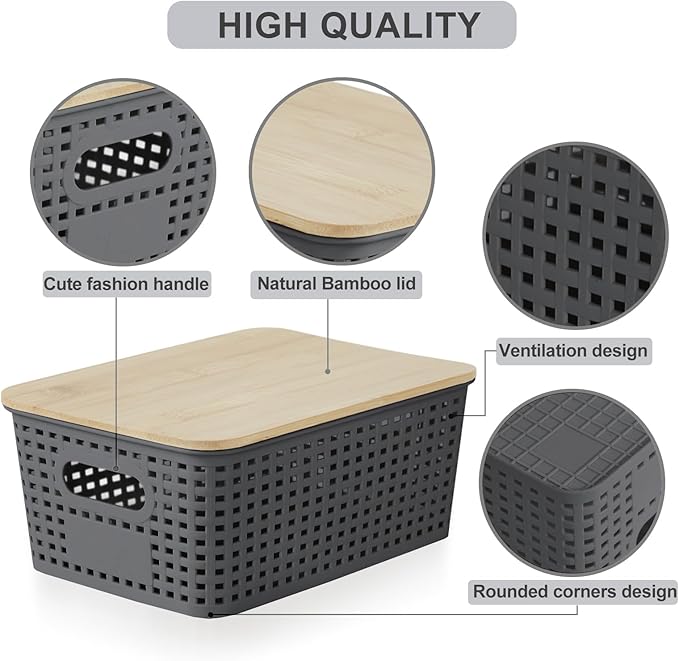Small Plastic Storage Bins with Bamboo Lids 5.2qt Stackable Box Basket Pantry Decorative Containers Cute with Lable for Organizing Desktop Closet Office Gray of 6 packs 10 * 7.2 * 4.1'’