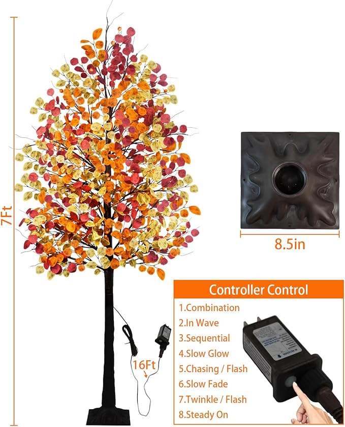 Agusbagli 7FT 128LED Artificial Lighted Fall Eucalyptus Tree, Fall Decorations for Home with Timer Dimmable 8 Modes Fall Light Up Tree with 768 Leaves for Indoor Outdoor Autumn Thanksgiving Decor