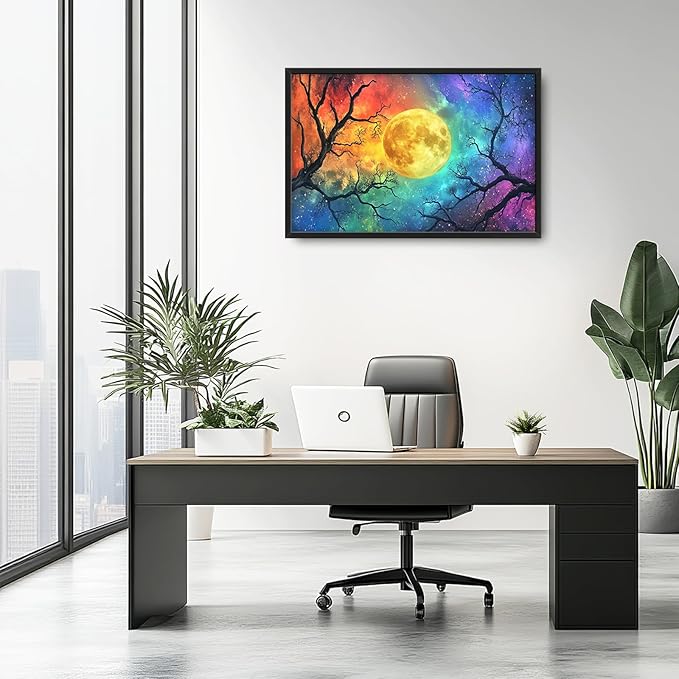 Extra Large Framed Abstract Moon Wall Art,Oversized Colorful Starry Night Tree Branch Wall Decor Pictures for Living Room,Canvas Print Painting Modern Artwork Bedroom Office Bathroom 36L x24W