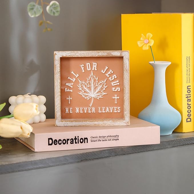 Embossed Orange Fall Leaf Sign, Farmhouse Autumn Decorations, Wooden Fall Tiered Tray Decor for Shelf Cubicle Desk Mantel, Rustic Thanksgiving Table Decor