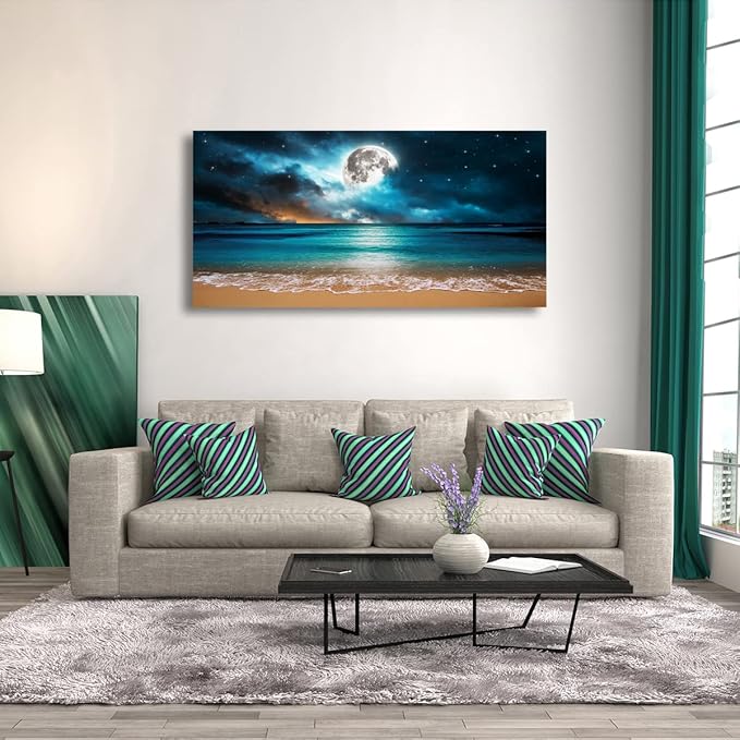 Beach Themed Wall Art Canvas Prints Seascape Picture Bathroom Décor Moon Ocean Landscape Paintings for Bedroom Dining Room Office Home Kitchen Decoration Natural Artwork 24x48 Wooden Frames
