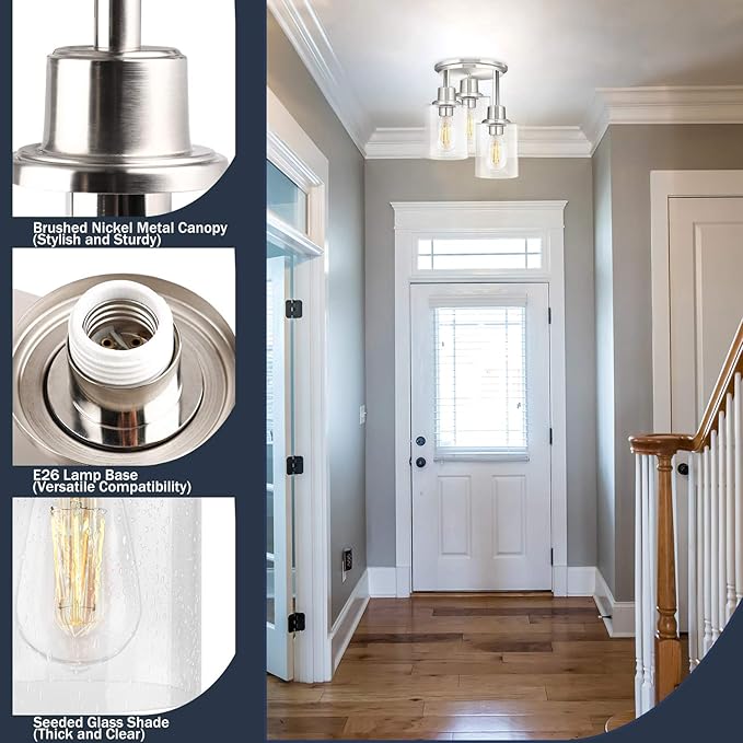Semi Flush Mount Ceiling Light, 3-Light Close to Ceiling Light Fixtures, Brushed Nickel Finish Kitchen Light Fixture with Clear Seeded Glass Shade Patriot Lighting for Stairs Porch Hallway Entryway