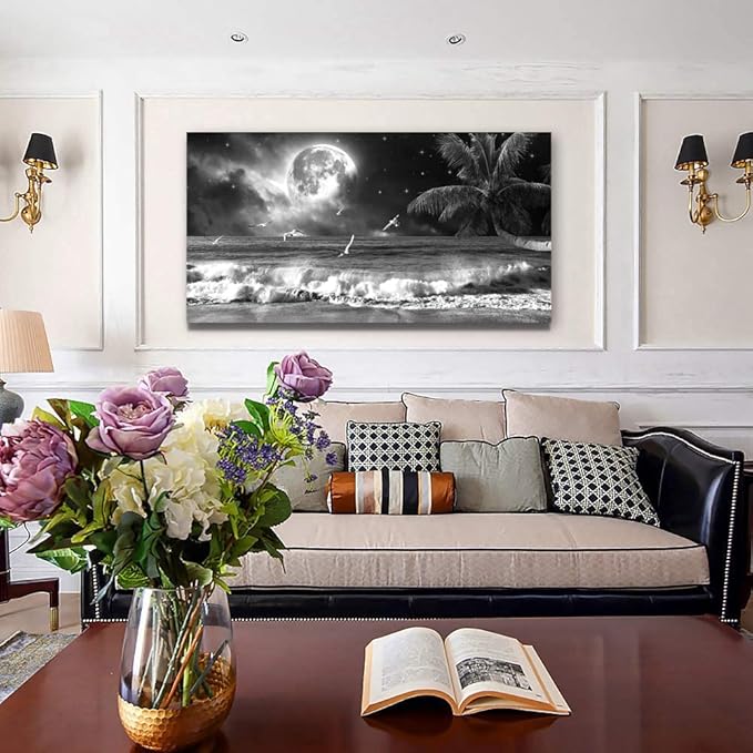 Yxbhhym large Black and White Wall Art Beach Canvas Print Art Moon Ocean Pictures Sea Paintings Seascape Poster Landscape Palm Artwork for Wall Art Living Room Home Decoration Framed-24x48inches