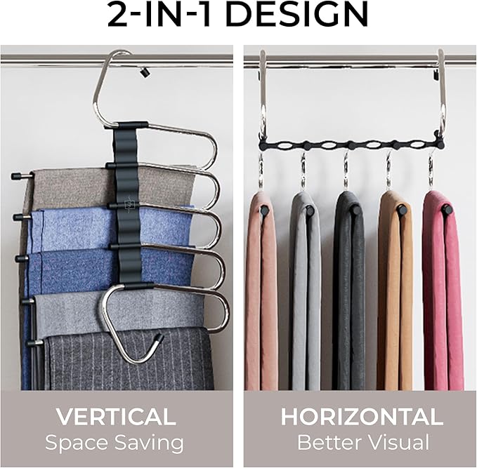 MORALVE Pants Hangers Space Saving - 2 Pack - Non-Slip Multi-Layer Space Saving Hangers - Multifunctional Clothing Rack for Closet Storage - Ideal for Jeans, Trousers, Skirts, Scarves & Slacks (Black)