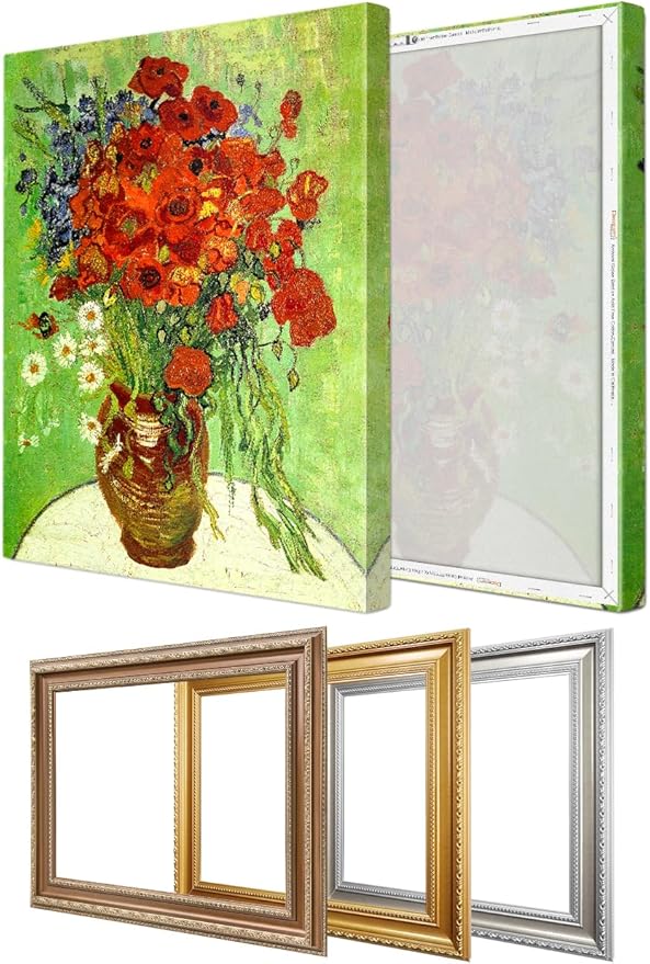 DECORARTS - Red Poppies and Daisies, Vincent Van Gogh Art Reproduction. Acid Free Cotton Canvas Giclee Print w/Bronze Frame&Mat for Wall Decor.