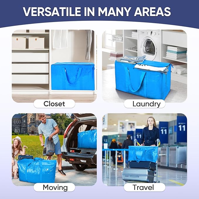 TICONN 4 Pack Extra Large Moving Bags with Zippers & Carrying Handles, Heavy-Duty Storage Tote Moving Boxes for Space Saving (4 Pack, Sky Blue)