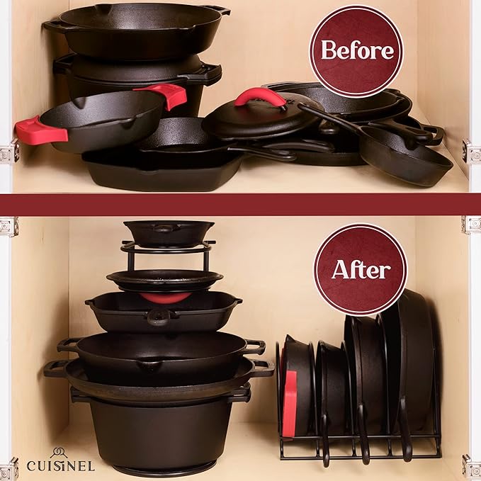 Cuisinel Pots and Pans Organizer Rack - Heavy Duty 60-LBS Capacity - 6mm Thick - Made in India - Matte-Black 12.2"-Tall 5-Tier Space-Saving Kitchen Storage for Cast Iron Cookware, Skillet, Dish, Plate