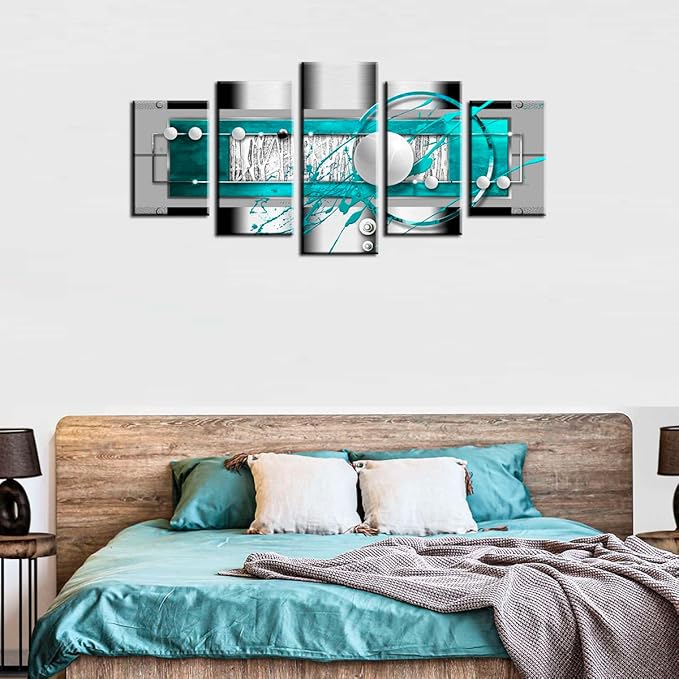 AWLXPHY Decor Abstract Wall Art Blue and White for Living Room Decor Geometric Canvas Painting Modern Simple Circle Round Line HD Print Artworks Giclee 5 Pieces (Blue, W60 x H30)