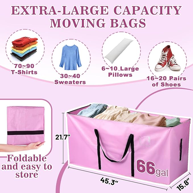 66 Gallon Extra Large Moving Bags - Heavy Duty Storage Bags with Zipper & Strong Handles, Pink Packing Bag for Moving, Storage, Travel and Camping, College Dorm & Home Supplies, 4 Pcs