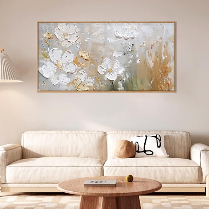 HPNIUB Large Hand-Painted White Flower Framed Wall Art Modern White and Gold Floral Canvas Oil Painting Nature Botanical Wall Decor Abstract Aesthetic Artwork for Living Room Bedroom Decor -20"x40"