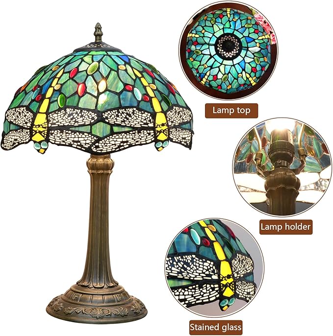 Tiffany Style Stained Glass Table Lamp 12 Inch Blue and Green Dragonfly Reading Bedside Lamp Suitable for Study Dormitory Bedside Coffee Shop Retro Table Lamp Home Decoration Art