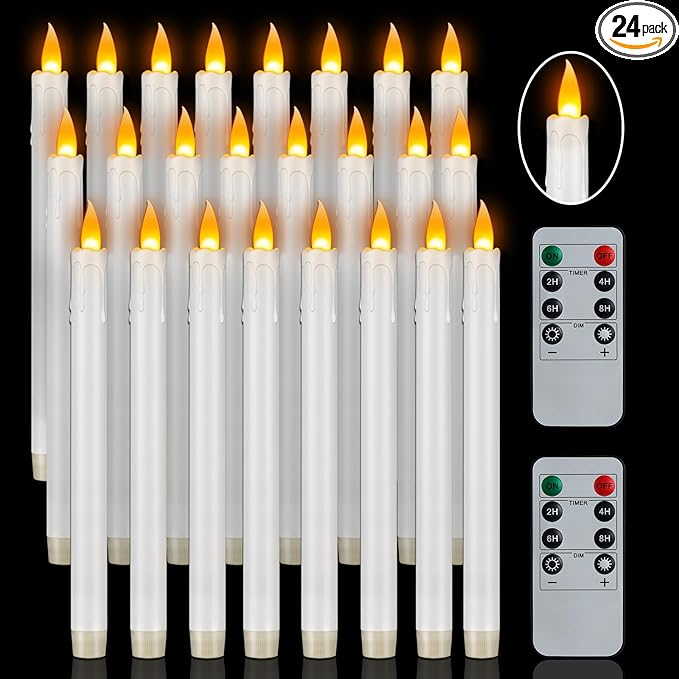 Flameless Taper Candles with Remote, 10" White Battery Operated Led Candlesticks with Flickering 3D Flame, 24 Pcs Fake Taper Candles for Christmas Thanksgiving Wedding Home Décor