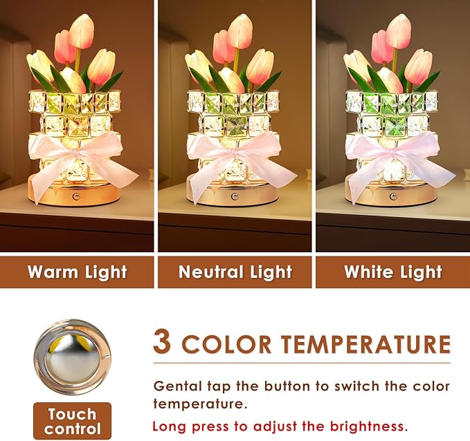 Tulip Flower Lamp Gifts for Women: Rechargeable Cordless Touch Crystal Table Lamp, Battery Powered Small Night Light, Mothers Day Birthday Present for Mom Grandma, Kitchen Bedroom Office Decor