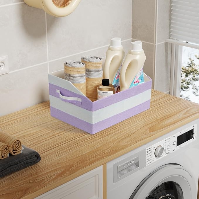 Linen Closet Organizers and Storage, Trapezoid Fabric Bins, Home Office Organization Baskets Striped Collapsible Box with Handles for Clothes, Blanket, Books, DVD, 4 Pack, Purple/White