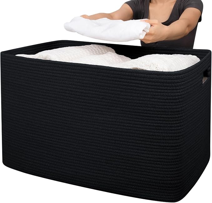 OIAHOMY 118L XXXLarge Cotton Rope Storage Basket, Oversized Blanket Basket, Used for Organizing Dirty Clothes in Living Room, Bedroom, Nursery, Dog Toy Storage Bins, 25" x 17" x 16",Black