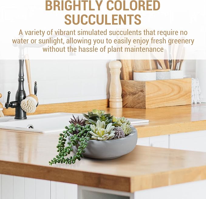 MyGift 8 Inch Round Modern Artificial Succulent Arrangement Potted in Gray Concrete Plant Bowl, Assorted Faux Mini Succulents in a Decorative Planter Pot