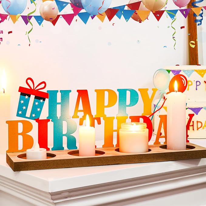 Happy Birthday Candle Holder Set, Tealight Votive Candle Holder Table Decor, 1 Happy Birthday Metal Sign & 1 Wooden Base Candle Tiered Tray, Table Centerpieces for Birthday Party Home Indoor Table