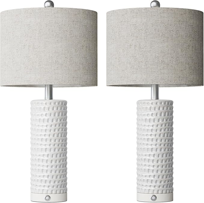 PORTRES 24" Modern Ceramic 3-Way Dimmable Touch Table Lamp Set of 2 for Bedroom White Farmhouse Bedside Lamps with USB A+C Charging Ports for Living Room Nightstand Lamp End Table Lamps