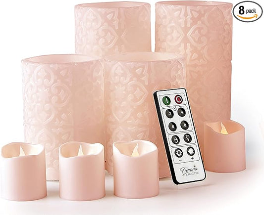 FURORA LIGHTING Pink Rome Real Wax LED Candles with Remote and Timer, 4 Pillar and 4 Votives Pack of 8, Flameless Flickering Candles for Home Décor, Battery Included