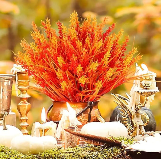 N&T NIETING 10 Bundles Artificial Fall Plants Outdoor Fake Monkey Grass with Lavenders Flowers for Pot Garden Verandah Decor for Thanksgiving Autumn Weddings Patio Hanging Planter Front Porch (Orange)