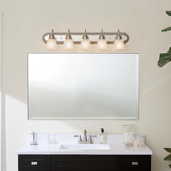 Kichler 36" 5-Light Vanity Bath Light in Brushed Nickel, Modern Bathroom Light with Clear Satin Etched Glass, (36" W x 8" H), 5339NIS