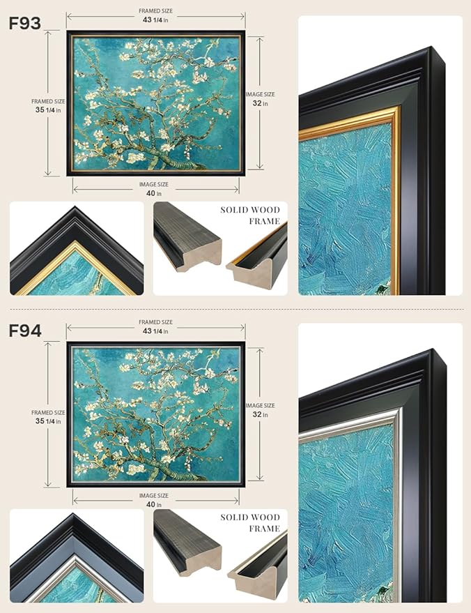 DECORARTS - Almond Blossom Tree by Vincent Van Gogh Art Reproduction. Oversize Solid Wooden Frame Matching with Giclee Prints Canvas Wall Art. Total framed size: 43x35