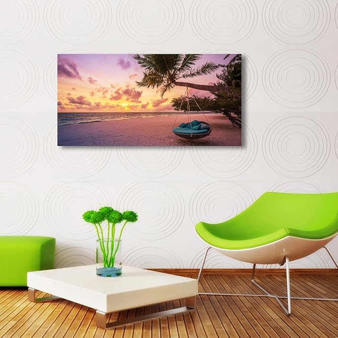 Purple Beach Palm Pictures Canvas Wall Art For Living Room Bedroom Wall Decor,Sunset Wall Art Print Paitnings For Home Decor,Morden Artwork Coconut Tree Canvas Art Ready To Hang-28x57 Inches
