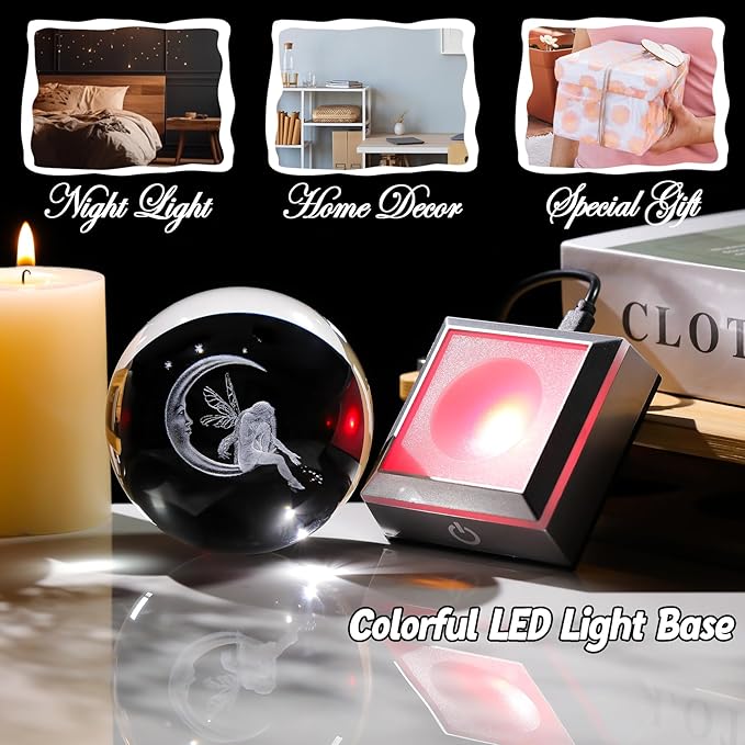 Crystal Ball 3D Engraved Fairy & Moon Gifts for Daughter Wife Glass Sphere with LED Colorful Base 3.15‘’ Gifts Ideas on Birthday Christmas for Women Fairy Lover Home Decor Figurine