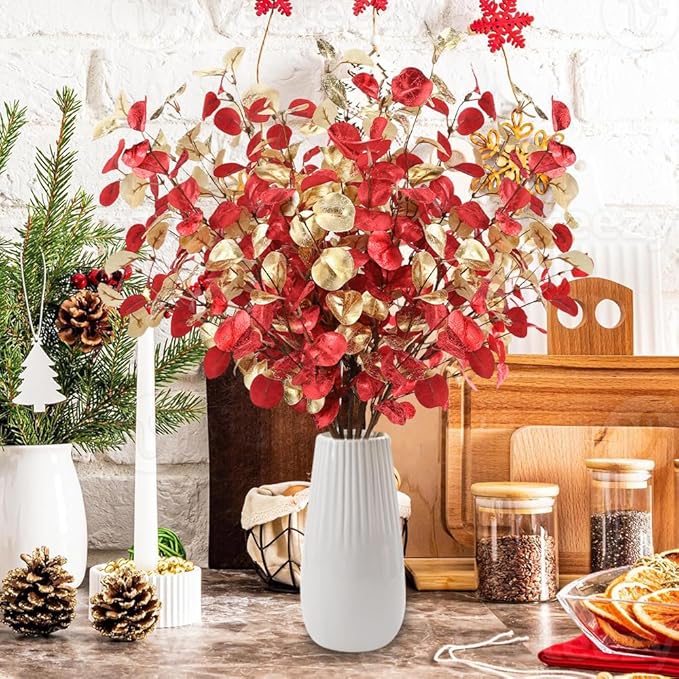 27.6’’ Christmas Artificial Flowers 6Pcs Red Gold Xmas Eucalyptus Stems for Table Centerpieces Faux Eucalyptus Leaves Branches for Christmas Floral Arrangements Home Farmhouse Party Decoration