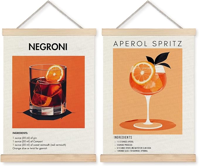 Yomisex Italy Negroni Aperol Spritz Cocktail Wall Art Poster, Vintage Italian Cocktail Drinks Canvas Prints Wall Art Framed for Home Kitchen Bar Pub Decor, 12x16 Inch Set of 2