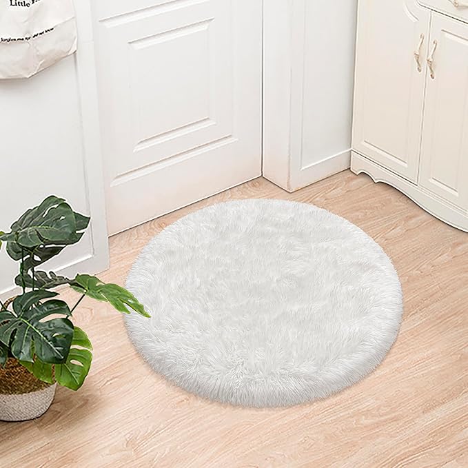 Tie Dye White Round Rugs Small 3x3 ft Fluffy Circle Rug Furry Carpet Shaggy Circular Fuzzy Plush Area Rug for Girls Bedroom Kids Room Living Room Nursery Cute Room Decor Pet mat Doormat