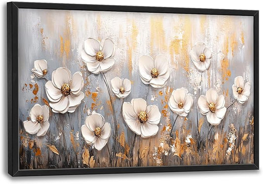 Olivine Flower Large Wall Art, White Floral Pictures Wall Decor, Retro Flowers Paintings Canvas Prints, Framed Artwork for Dining Room Bedroom Living Room Office Bathroom Home Decoration 36"x24"