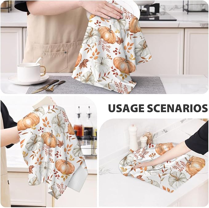 Fall Kitchen Towels 16x24 Inch Burnt Orange Pumpkin Leaves Decor Dish Towels Autumn Harvest Thanksgiving Seasonal Decoration Hand Towel Absorbent Dish Cloths for Home Kitchen Dining Set of 2