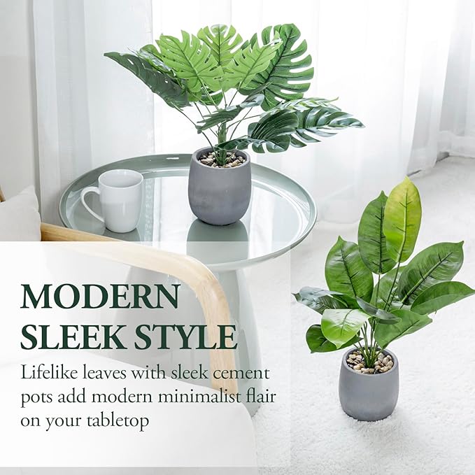 MyGift 16 Inch Tall Artificial Monstera and Banana Leaf Plant in Gray Concrete Planter Pots, Decorative Tabletop Faux Greenery Potted Indoor Plants, 2 Piece Set